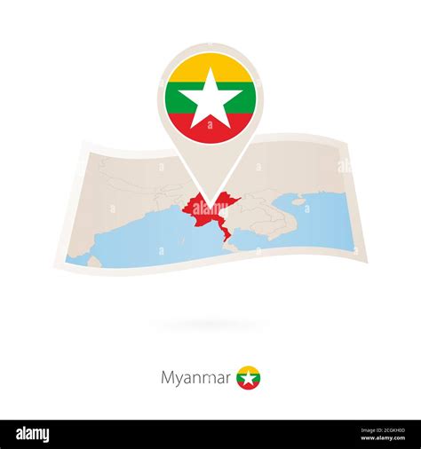 Folded Paper Map Of Myanmar With Flag Pin Of Myanmar Vector