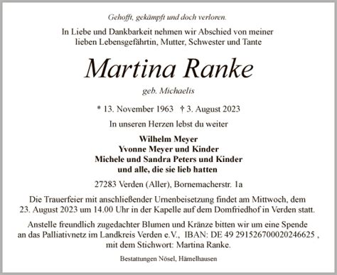 Traueranzeigen Von Martina Ranke Trauer Kreiszeitung De