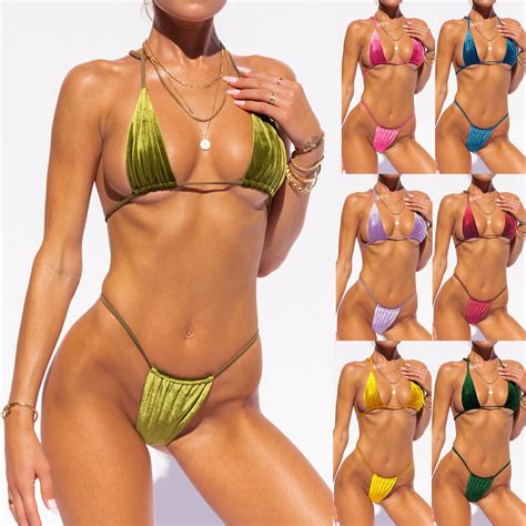 Sexy Extreme Micro Bikini Velvet Swimsuit Female Push Up Swimwear Women Halter Thong Swim Suit