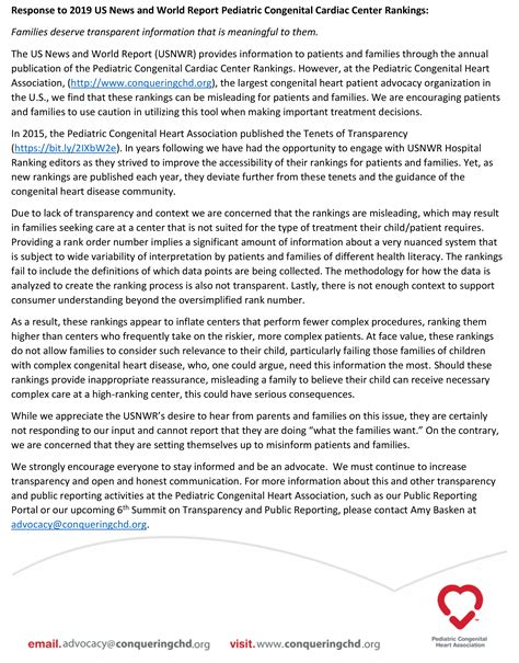 Response to 2019 US News Pediatric Congenital Cardiac Center Rankings