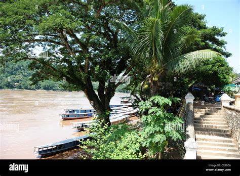 River Boats On The Mekong River In Luang Prabang Stock Photo Alamy