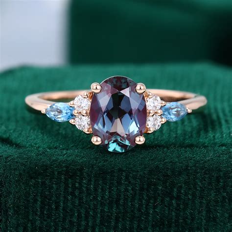 14K Rose Gold Alexandrite And Topaz Engagement Ring Anniversary Gift