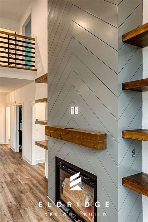 Farmhouse Chevron Fireplace Feature Wall With Open Shelves