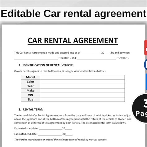 Editable Car Rental Agreement Template Car Rental Contract Printable Vehicle Etsy