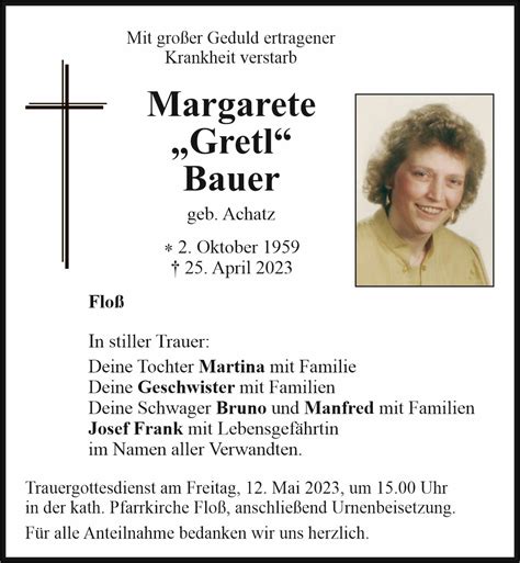 Traueranzeige Margarete Gretl Bauer Floß OberpfalzECHO