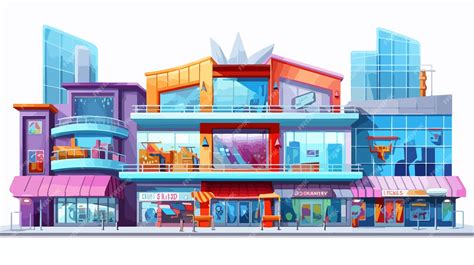cartoon multistory shopping mall  blue glass facade premium ai
