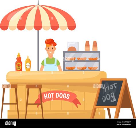 Hot Dog Vendor Stall Street Retail Cartoon Stand Isolated On White