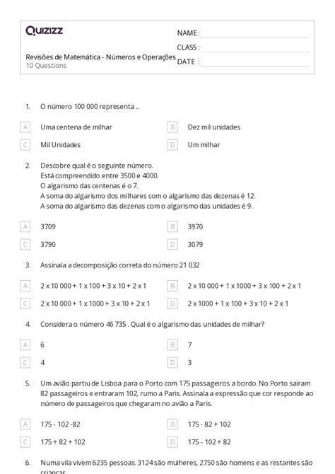 Composição E Decomposição De Números Imprimível 4ª Série Planilhas Quizizz