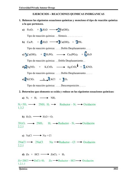 Ejercicios RX QX Quimica Upao Joel 1 Ciclo Universidad Privada