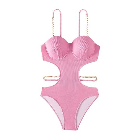 Youyipin Womens Swimsuits Sexy Cutout Metal Chain Strap Bikini Set Ribbed One Piece Swimsuit