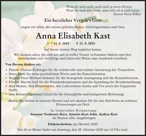 Traueranzeigen Von Anna Elisabeth Kast Allg Uer Zeitung