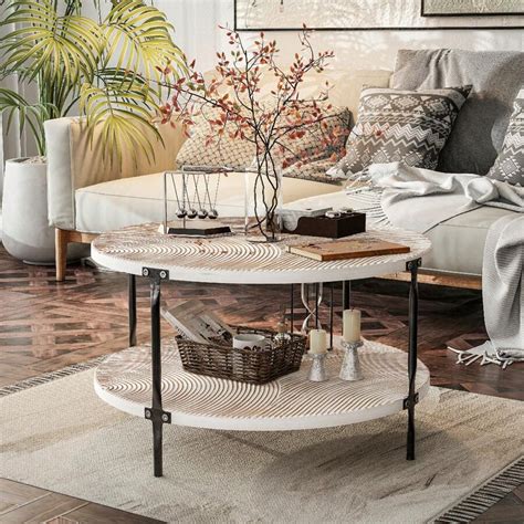 Cozayh Farmhouse Wood Texture Round Coffee Table Distressed Accent