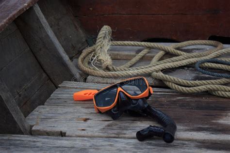 Orange Snorkel Scuba Mask On Long Tail Boat To Lipe Sea And Islands Thailand Stock Image