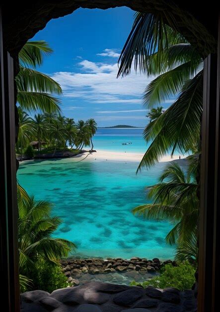 Premium AI Image | a view of a tropical beach through a window Window ...