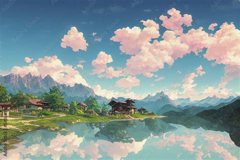 Illustration In Style Of Anime Cartoons Of Mountains And Green Fields