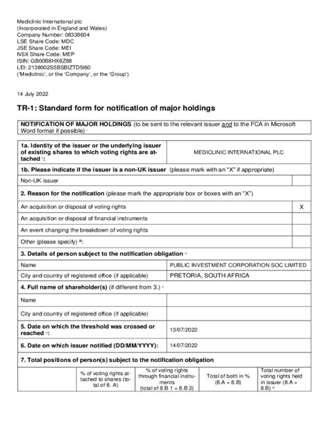 Fillable Online Mediclinic International Plc Tr 1 Standard Form Fax Email Print Pdffiller