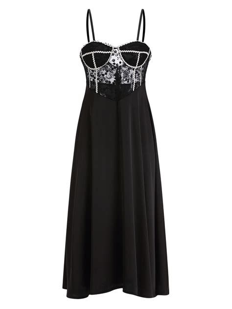 Women Chemise Black Polyester Lace Sheer Chemise Panty Piece Set Sexy Lingerie Outfit