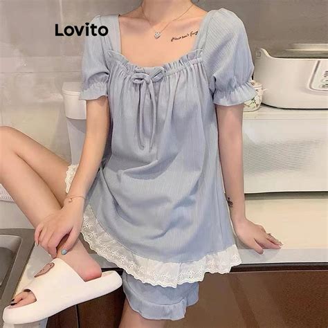 Lovito Casual Plain Colorblock Ruffle Pajama Sets For Women Lne