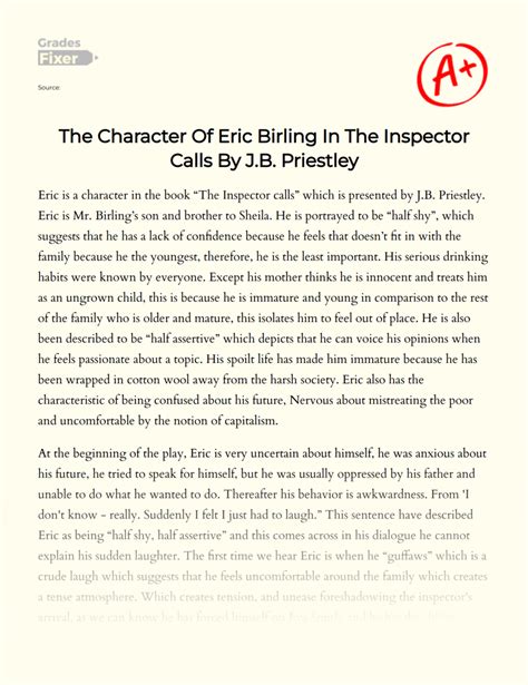 Eric Birling Character Analysis In An Inspector Calls By J B