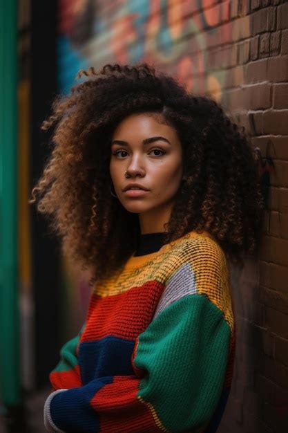 Premium AI Image A Woman With Curly Hair Leaning Against A Brick Wall