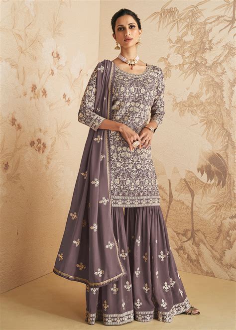 Greyish Mauve Heavy Designer Work Wedding Festive Special Gharara Suit