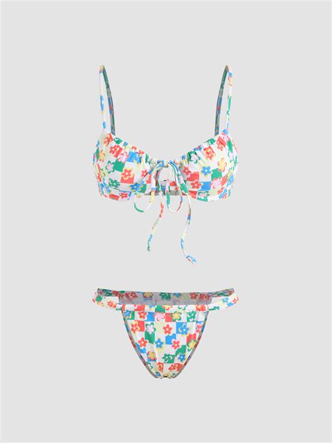 Floral Underwire Knotted Bikini Swimsuit For Vacation Swimming Pool Beach