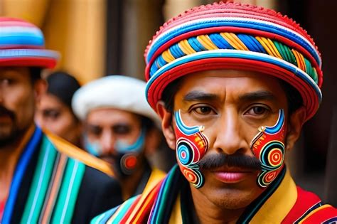 Un hombre con pintura facial colorida está parado frente a un grupo de