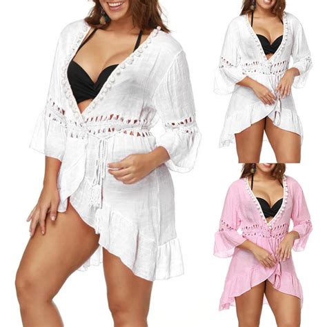 Plus Size Bikini Cover Up Hollow Crochet Swimsuit Beach Dress Size Lady Cover Up Beachwear Tunic