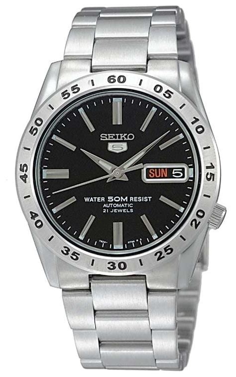 Seiko 5 Automatic Black Dial Silver Stainless Steel Mens Watch