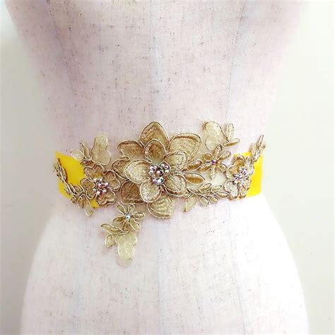 Gold Floral Sash Golden Lace Sash Wedding Sash Rhinestone Belt