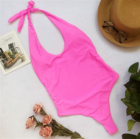 Nude Back Sexy Belt Swimsuit Solid Color One Piece Style Bikini On Luulla