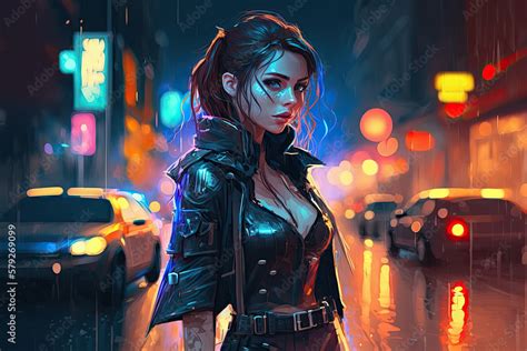 Sexy Beautiful Girl Cop Of Future On Street In Cyberpunk Style Generative Ai Stock Illustration