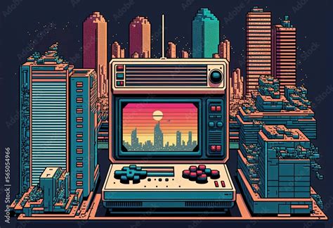 Pixel Art Old Video Game Console In Cityscape Background In Retro