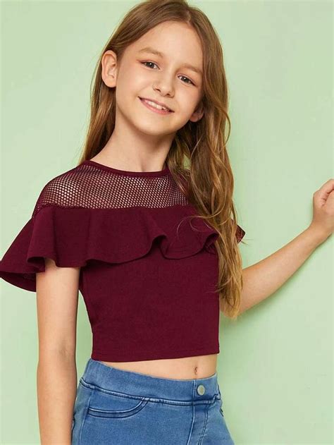 Shein Girls Fishnet Mesh Yoke Ruffle Trim Crop Top Tween Fashion