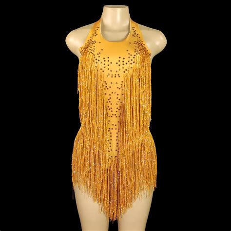 Sparkly Rhinestones Fringes Leotard Women Nightclub Party Outfit Dance