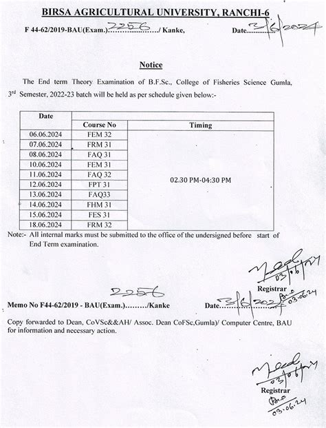 Notice For Schedule Of End Term Theory Examination Of B F Sc Of 3rd