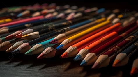 Group Of Colored Pencils Sitting Side By Side On A Dark Table Area