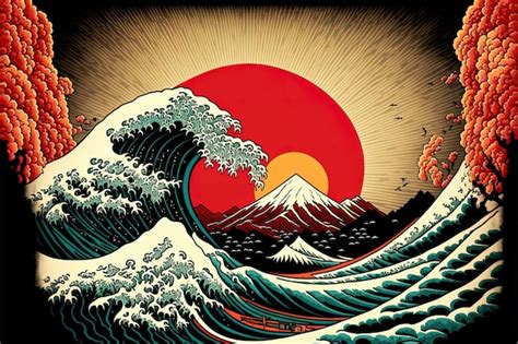 Premium Photo | Wave hokusai on raising sun background in japanese ...