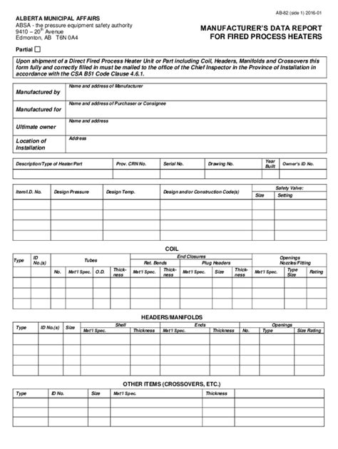 Fillable Online Ab 082 Const Data Report Fired Process Heaters