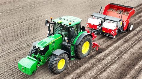 John Deere 6215R Planting Potatoes W Dewulf Miedema CP42 4 Row Planter