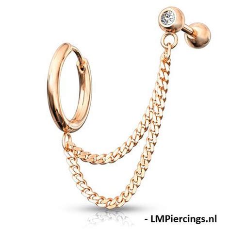 Helix Piercing Dubbele Ketting Met Oorbel Ring Gold Plated Rose Kleur