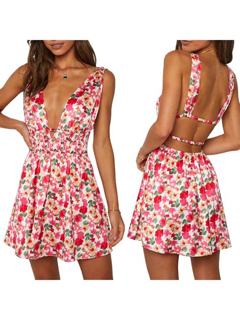 Jinsiju Women Mini Dress Sleeveless V Neck Backless Flower Print Summer