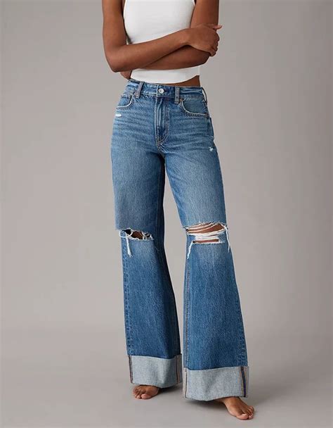 Ae Super High Waisted Baggy Wide Leg Cuffed Ripped Jean In