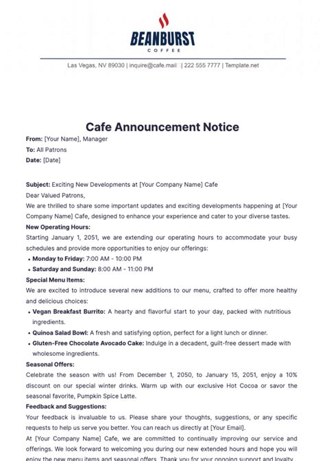 Cafe Announcement Notice Template Edit Online And Download Example