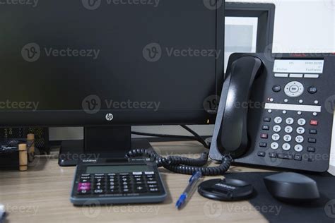 office desk stuff with phone mouse and keyboard 16759978 Stock Photo at