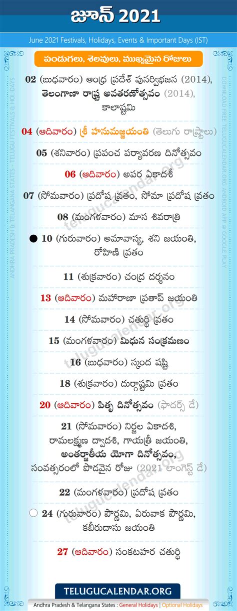 Telugu Festivals 2021 June