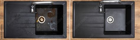 House cleaning service granite kitchen sink black with leftover bits of ...