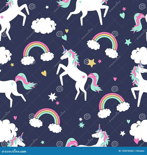 Vector Cute Seamless Pattern With Unicorns Rainbows And Clouds Stock