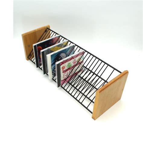 Funky Vintage Wood And Black Metal Cd Holder Rack Storage Desktop