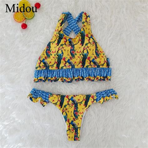 Midou Bikini Set Push Up Ruffle Bikini Floral Print Cross Bandage